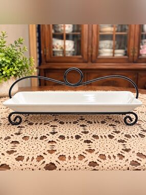 Ceramic Serving Tray with Wrought Iron Stand